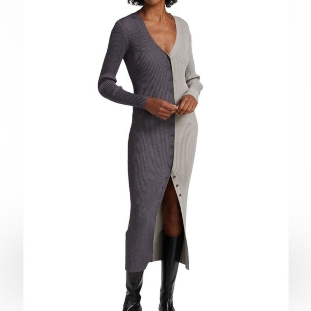 Staud Shoko Two-Tone Colorblock Ribbed Body-Con Midi Sweater Dress Grey NWT XL